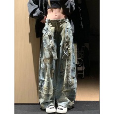 批发美式辣妹重磅做旧设计感牛仔裤子女春季新款复古乱针刺绣拖地裤潮