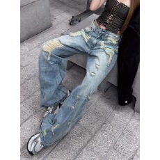 批发美式复古做旧水洗破洞牛仔裤女早春新款辣妹设计感贴布拼接拖地裤