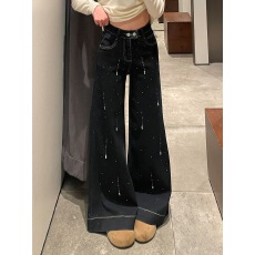 批发美式大码复古重工烫钻微喇牛仔裤子女辣妹时髦显瘦阔腿喇叭长裤潮
