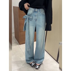 批发美式复古立体蝴蝶结碎钻牛仔裤子女早春新款辣妹时尚设计感拖地裤