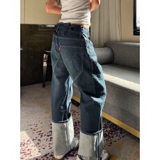 批发美式复古大码设计感廊形口袋牛仔裤子女辣妹水洗猫须翻边拖地长裤