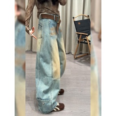 批发大码美式辣妹设计感口袋牛仔裤子女春季新款复古做旧水洗拖地长裤