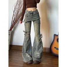 批发美式高街辣妹假两件显瘦牛仔裤子女设计感做旧系带拖地微喇叭裤潮