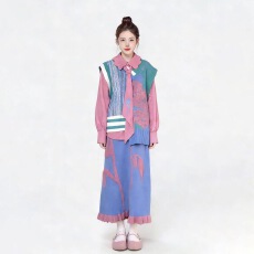 批发多巴胺减龄穿搭套装女冬季<b class='q'>甜美</b>可爱拼色马甲叠穿衬衫半身裙一整套