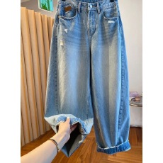 批发大码水洗磨破阔腿牛仔裤女春季新款宽松百搭垂感休闲拖地<b class='q'>哈伦</b>裤子