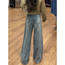 批发今年流行烫钻阔腿<b class='q'>牛仔裤</b>女2026春季新款高腰垂感<b class='q'>显瘦</b>直筒拖地长裤