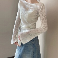 批发白色<b class='q'>喇叭袖</b>修身t恤春夏新中式国风竹叶提花收褶修身圆领长袖上衣