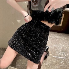 批发亮片半身裙设计感小众女冬季半裙高腰黑色短裙a字辣妹包臀裙子