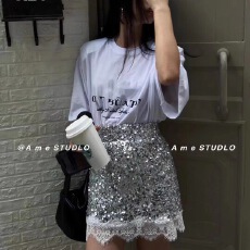 批发Ame正品春季重工亮片拼接蕾丝半身裙女2027新款高腰显瘦百搭短裙