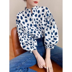 批发2025年韩版通勤立领泡泡袖雪纺<b class='q'>衬衫</b><b class='q'>波点</b><b class='q'>衬衣</b>上衣女