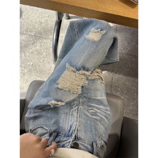批发浅蓝色破洞直筒牛仔<b class='q'>裤</b>女2026夏季流行美式休闲高腰宽松<b class='q'>显瘦</b>长<b class='q'>裤</b>