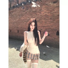 温婉学姐辣妹性感无袖背心T恤女显瘦上衣咖色百褶裙短裙套装