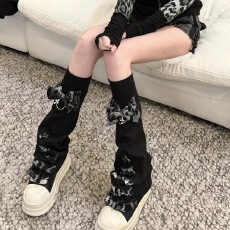 批发Y2K涩谷辣妹亚文化百搭显瘦黑灰豹纹蕾丝蝴蝶结微喇堆堆<b class='q'>袜</b><b class='q'>腿</b>套女