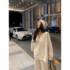 批发慵懒风v领毛衣套装女秋冬新款韩版宽松时尚气质针织阔腿裤两件套