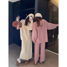 批发秋冬新款慵懒风针织套装裙女百搭宽松休闲连帽毛衣时尚针织两件套