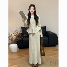 批发简约<b class='q'>通勤</b>休闲套装女2025秋冬款设计感收腰荷叶摆上衣半身裙两件套