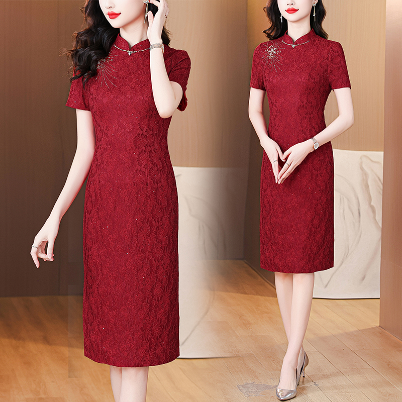 RY1314# 2026新款结婚礼喜妈妈礼服裙子高端喜婆婆婚宴装夏季红色旗...