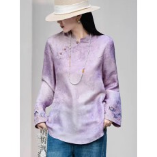 批发紫色桑蚕丝新中式斜襟衬衫女2026<b class='q'>春</b>季新款立领袖口刺绣国风上衣