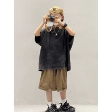 批发足240克重磅童装水洗做旧潮牌100%纯棉光板T恤短袖