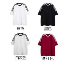 批发21支童装纯棉三条杠半杠潮牌牛角袖光板T恤