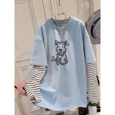 批发日系学院风假两件长袖T恤女秋季2025大码韩版潮牌拼接条纹上衣