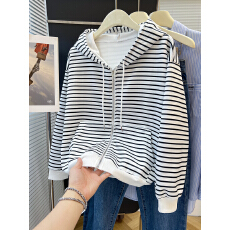 批发2026新款chic超好看条纹连帽卫衣女春季宽松<b class='q'>气质</b>百搭开衫短款外套