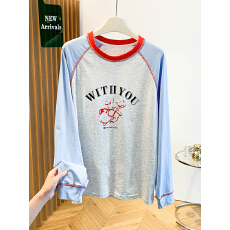 批发撞色插肩韩系长袖t恤女<b class='q'>大码</b>春季宽松慵懒风<b class='q'>打底衫</b>上衣2026新款