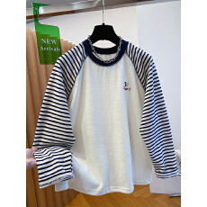 批发韩系撞色条纹t恤女长袖2026新款宽松休闲百搭春圆领打底衫上衣