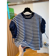 批发韩国韩版条纹t恤女短袖2026夏季新款宽松<b class='q'>休闲</b>百搭抽绳设计感上衣