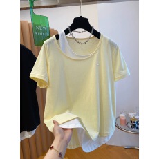 批发韩国假两件t恤女短袖2026新款宽松<b class='q'>休闲</b>简约鹅黄色纯棉打底衫上衣