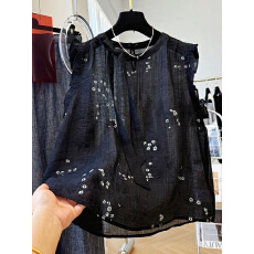 批发韩系减龄复古印花木耳边<b class='q'>小</b>飞袖蝴蝶结马甲女2026夏季新款气质小衫