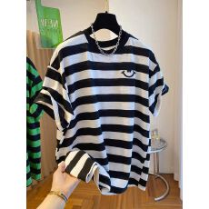 批发欧货小众设计感撞色条纹拼接刺绣笑脸t恤女短袖休闲大版洋气上衣