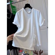 批发蕾丝花边短袖t恤<b class='q'>女</b>夏季2026大码胖mm不规则开叉上衣<b class='q'>打底衫</b>