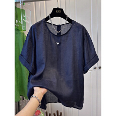 批发老钱风圆领麻料短袖T恤女上衣减龄宽松纯色百搭<b class='q'>小衫</b>夏季2026