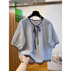 批发韩系格子娃娃衫女2065夏季新款大码宽松<b class='q'>文艺</b><b class='q'>范</b>超好看短袖T恤女潮