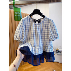 批发韩系<b class='q'>格子衬衫</b>女短袖2026新款宽松甜美减龄泡泡袖拼接荷叶边上衣夏