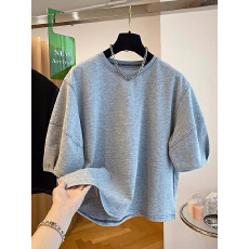 批发欧货设计感明线装饰灯笼袖短袖t恤女夏潮流<b class='q'>休闲</b>五分袖大码