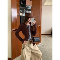 批发实拍 咖色假两件针织开衫女<b class='q'>秋</b>冬修身显瘦超好看小个子长袖上衣