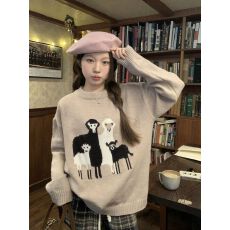 批发实价实拍三标齐趣味慵懒风提花套头圆领毛衣女