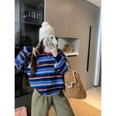 批发实拍 撞色条纹 毛衣妇秋<b class='q'>冬</b>字母刺绣复古 休闲减龄慵懒宽松针织