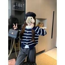 批发实拍 韩系条纹长袖针织开衫妇秋<b class='q'>冬</b>穿搭短款巨好看上衣