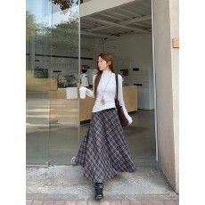 批发实拍 美拉德复古咖色格子半身裙女高腰垂感宽松长裙送腰带+白色T