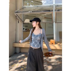 批发<b class='q'>实拍</b> 纯欲假两件拼接开衫外套格纹系带长袖t恤木耳边上衣