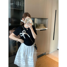 批发实拍 蝴蝶结圆领设计感短袖T夏百搭重工打条五分裙两件套