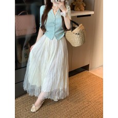 批发实拍  温柔风百褶半身裙女夏2026高级感轻奢纱大摆蕾丝裙