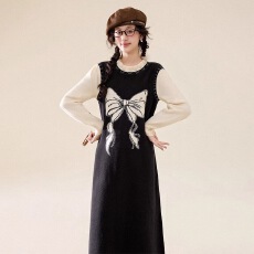 批发孕妇裙落叶秋日法式花边领针织假两件长裙冬季保暖长袖连衣裙