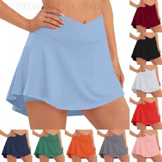 批发跨境新款交叉<b class='q'>收腹</b>瑜伽短裙女防走光网球裙裤带内衬健身运动短裤