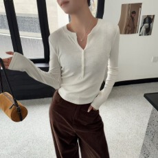 批发SANKE韩版2025秋季新款时尚半开扣雪花罗纹长袖短款T恤显瘦女上衣