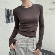 批发SANKE韩版2025秋季新款时尚精梳木棉小圆领长袖T恤显瘦百搭女上衣