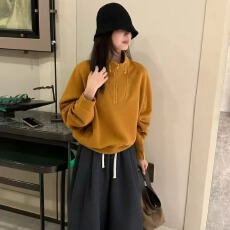 批发AS2025年冬季新款时尚刺绣印花宽松长袖半开领卫衣显瘦中袖女上衣